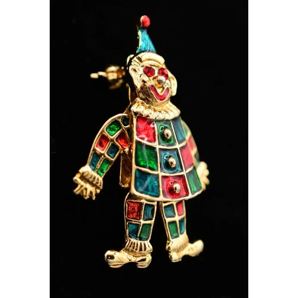 Vintage Clown Pin Brooch Red Green Enamel Dangle Arms Legs Gold Tone 1990s BinAT